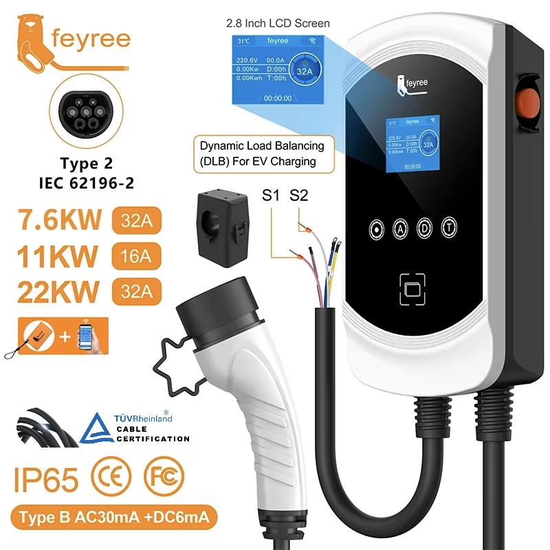 Feyree ev carregador type2 cabo 32a 7.6kw branqueamento de carga dinâmica evse wallbox função app 11kw 22kw estação de carregamento carro elétrico