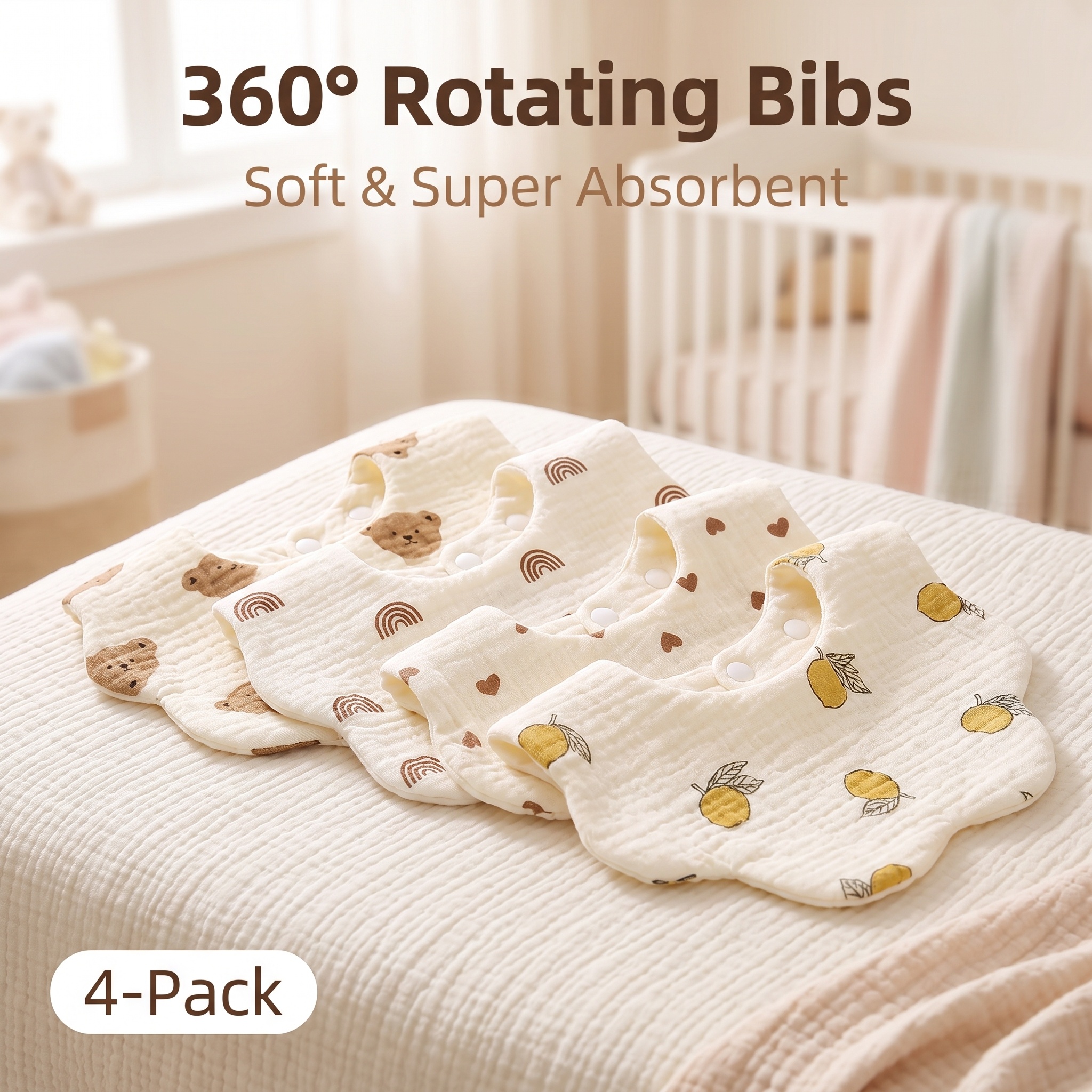TDHD 6-Layer Crinkle Muslin Flower Baby Bib, 360° Rotating Super Absorbent Bib For Teething Drooling Babies