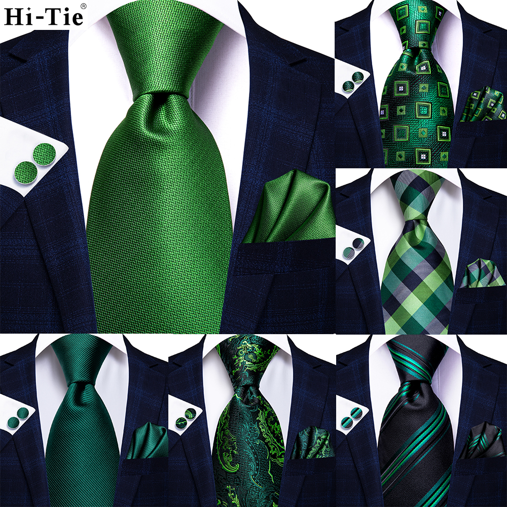Dasi Hijau Polos Bergaris Paisley Hi-Tie Untuk Pria, Dasi, Sapu Tangan, Kancing Manset, Fashion Bisnis Pesta, Dropshipping