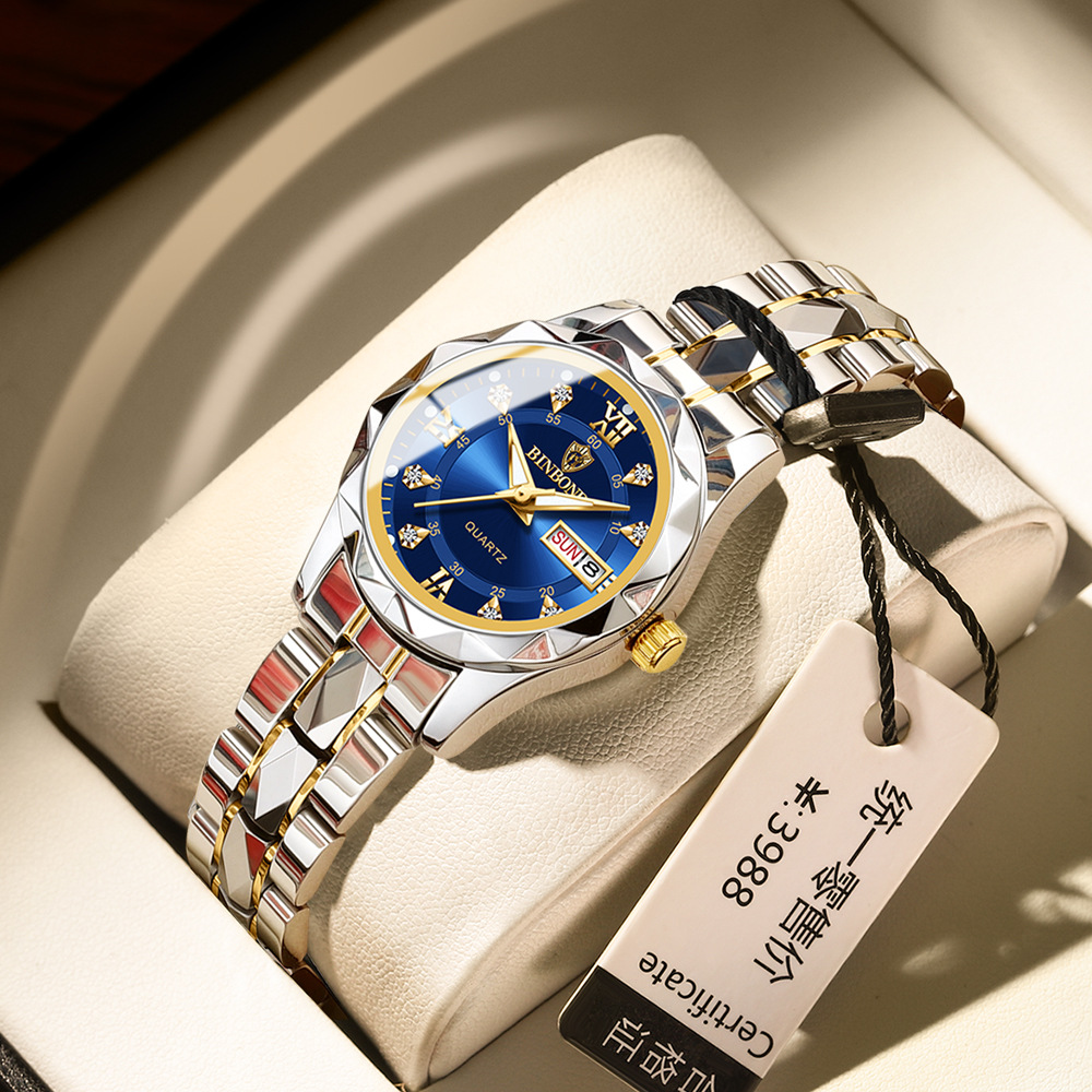 Binbang-Relógio Quartz de Moda Feminina, Temporizador em Aço Tungstênio, Dual Calendar, Night Light, Impermeável, Novidade 2522, 2024