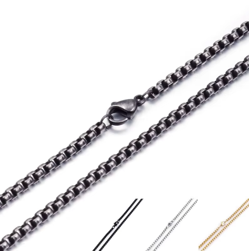 Chaînes de perles carrées à maillons en titane de 3mm, couleur noir/or, Vintage, Long collier ras du cou en acier inoxydable pour hommes, bijoux à la mode