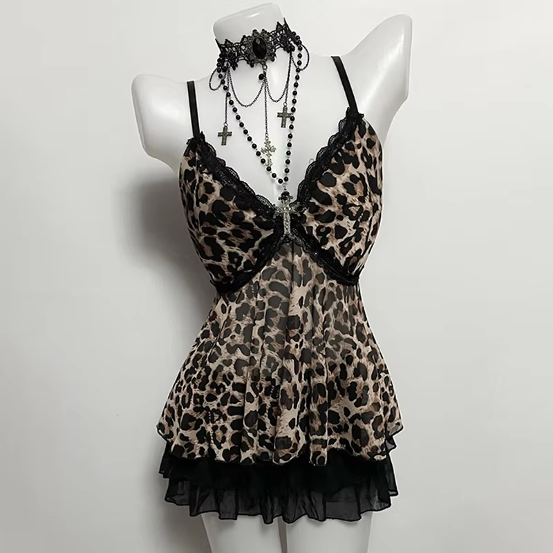 Y2k Emo Vrouwen Streetwear Sexy Acubi Luipaard Kant Trim V-hals Tank Tops Mouwloos Spaghetti Stra Goth Grunge 2000s Alt Kleding