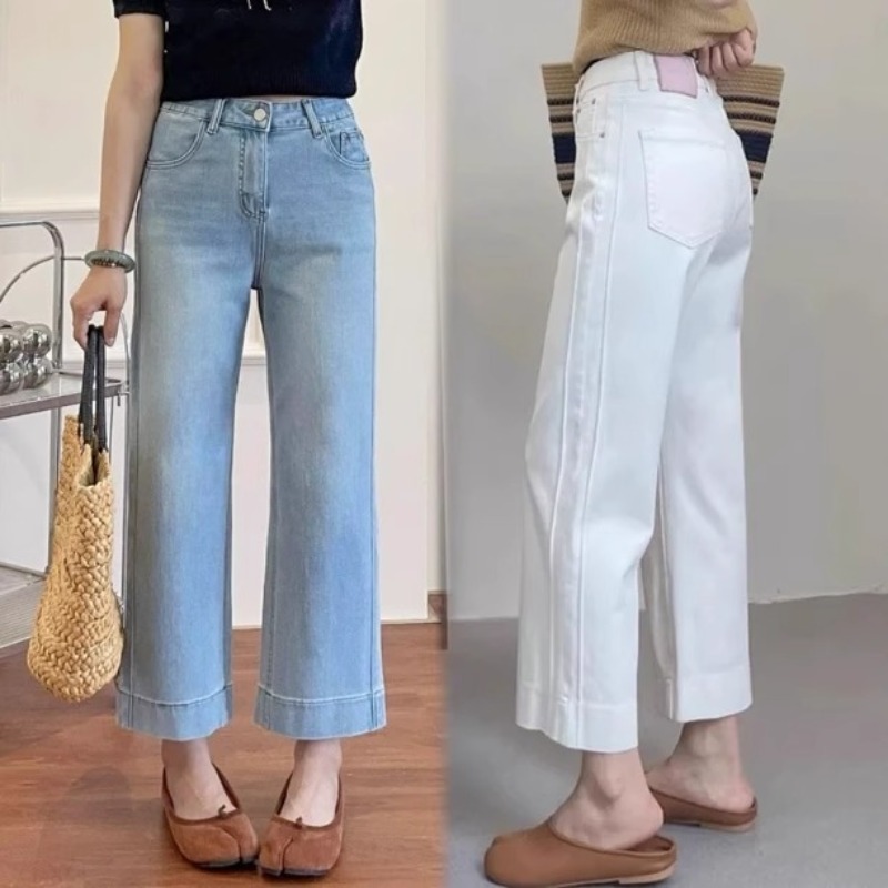 Damen High-Waist Weite Hosen Lässige Lockere Hosen Sommer Einfarbige Gerade Geschnittene Knöchellange Jeans mit Taschen