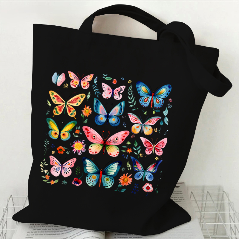 Bolso de hombro de lona con patrón de flores de esqueleto para mujer, bolsos de mano Vintage con estampado de flores y mariposas, bolso de mano Retro con estampado de calavera