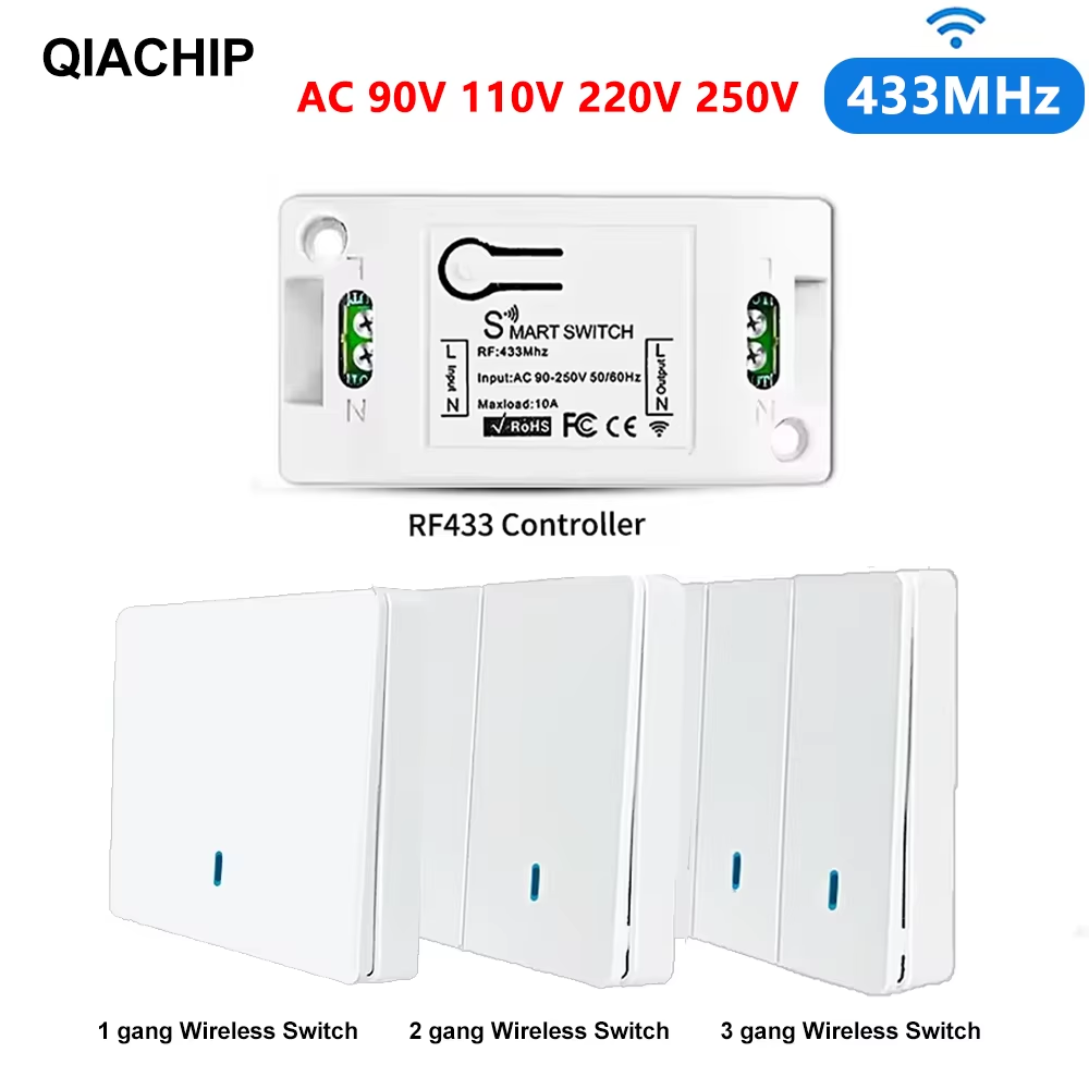 QIACHIP 433MHz Sakelar Lampu Nirkabel AC 110V 220V Remote Control 1CH Penerima Relay RF Sakelar Panel Dinding untuk Lampu LED