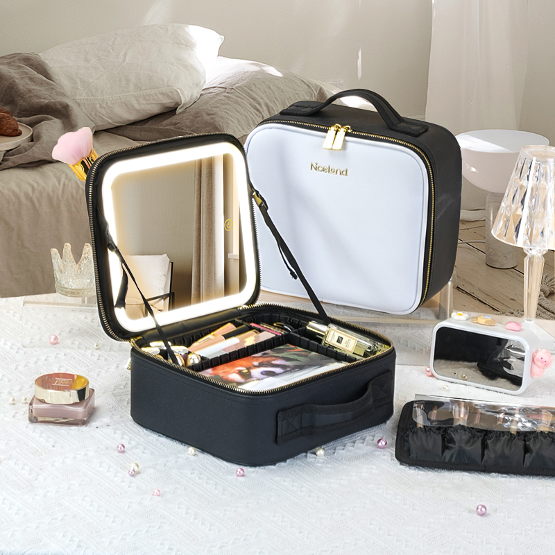 Espejo de estuche de tren de 3 colores, estuche de maquillaje portátil blanco, organizador impermeable con divisores ajustables, estuche de almacenamiento de cosméticos para regalo