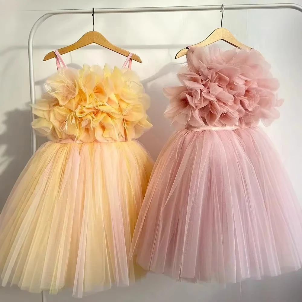 Gaun Anak Perempuan Gaun Bunga Anak-anak Gaun Putri Pernikahan Gaun Anak Perempuan Kecil Rok Tutu Tulle Tali Biru Pink Ungu Spaghetti