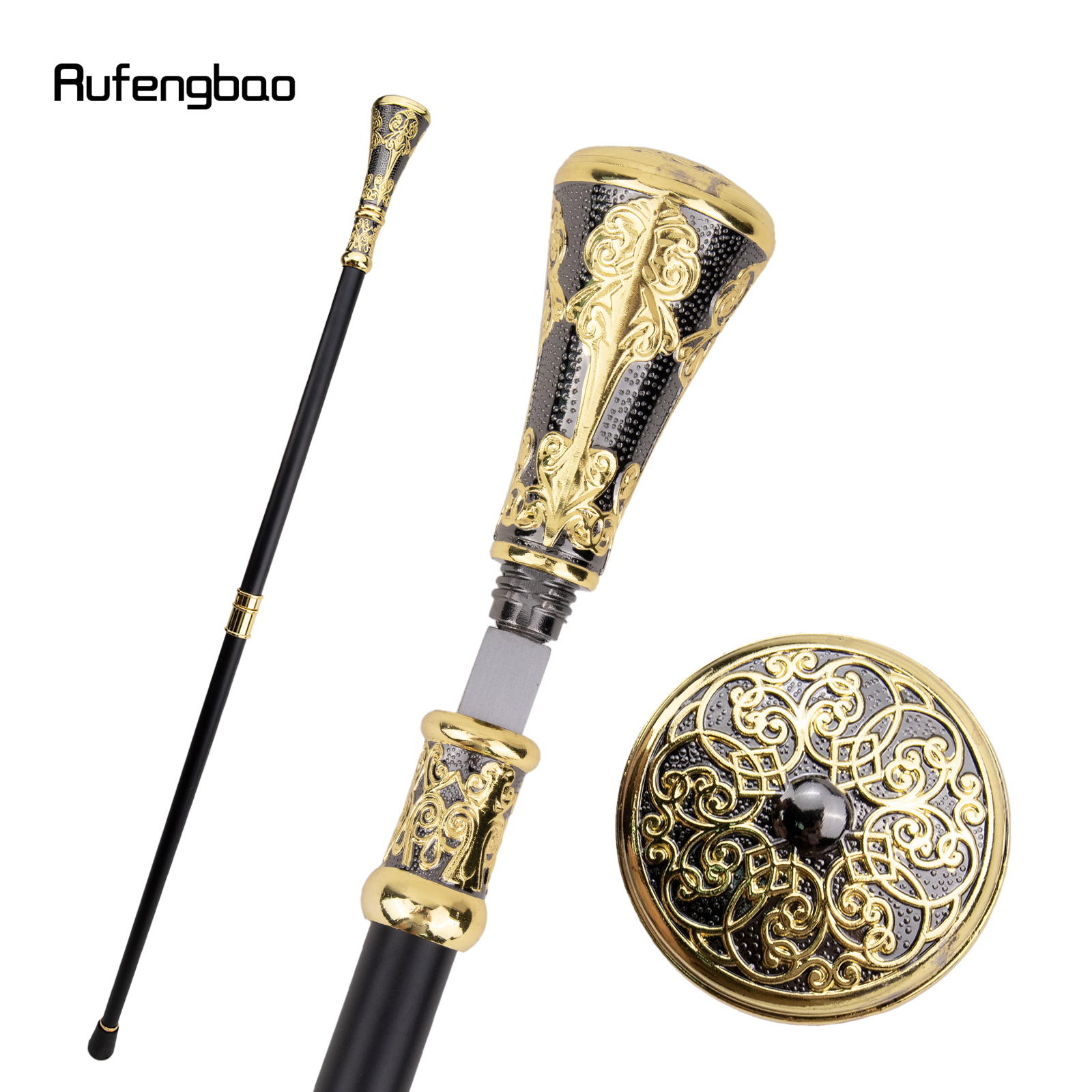 Gouden Zwarte Bloem Luxe Ronde Handgreep Wandelstok Met Verborgen Plaat Zelfverdediging Mode Cane Plaat Cosplay Crosier 93Cm