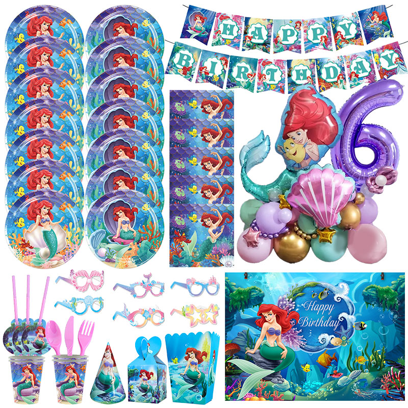 Decoración de fiesta de cumpleaños de La Sirenita, servilleta de papel de princesa Ariel, plato, taza, mantel, globos, suministros de baño para bebé para niños