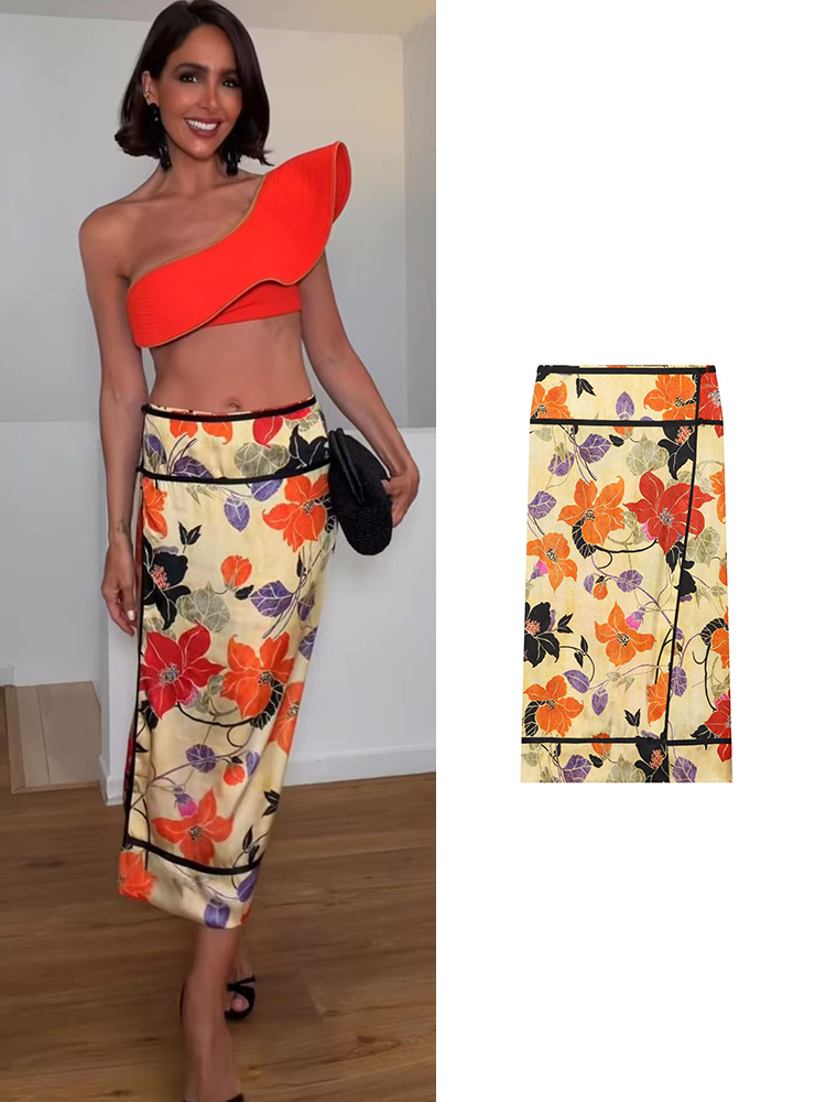Falda Midi TFMLN para Mujer, Estampado Floral Vintage, Corte Recto, Cintura Alta, con Abertura Frontal, Estilo Lápiz, Verano 2026, Chic, Casual, Nueva