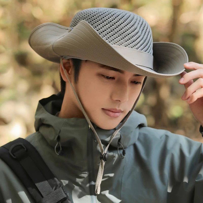 Sombrero de sol de ala ancha de 10cm para hombre UPF 50+ Boonie sombrero de verano protección UV pesca al aire libre senderismo sombrero de malla transpirable gorra de cubo