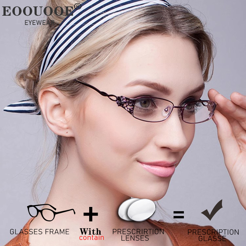 Hollow Out Design okulary optyczne damskie metalowe okulary 1.56 1.61 soczewki korekcyjne krótkowzroczność nadwzroczność okulary do czytania fioletowe