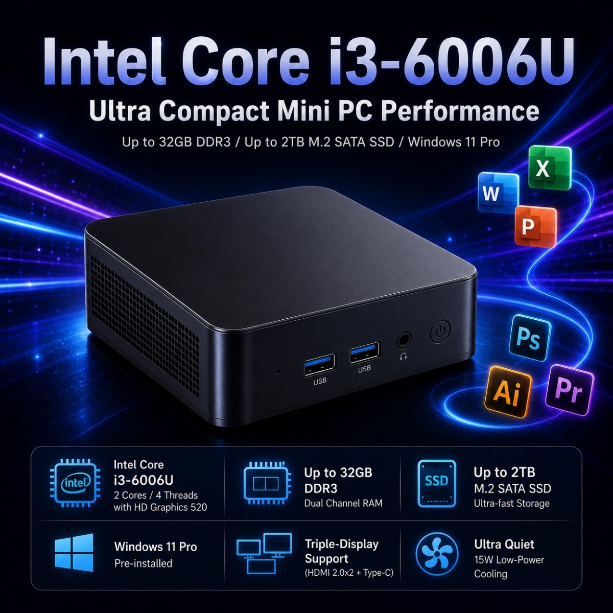 Mini PC 2026 con Intel Core i3 6006U, Windows 11 Pro, Compacto, Silencioso, Triple Pantalla, Tipo C, HDMI, Memoria Expandible, para Oficina y Hogar