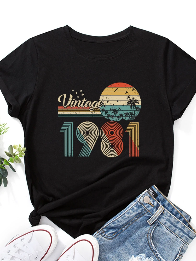 Винтажная женская футболка с принтом 1981, свободная женская футболка с коротким рукавом и круглым вырезом, Дамская Футболка, топы, одежда, женские футболки