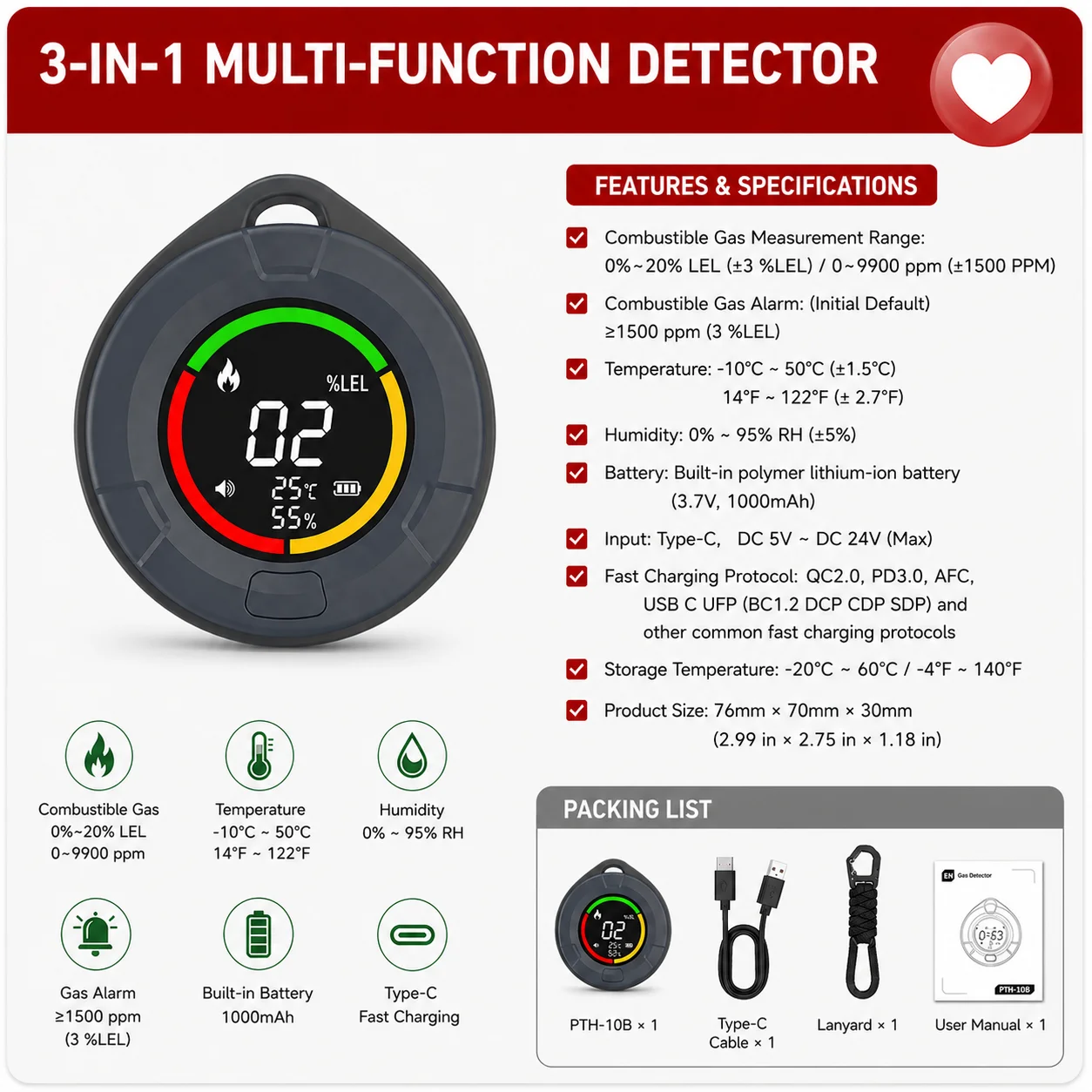 Detector de Gas Portátil FABISENSE PTH-10B, Monitor de Temperatura y Humedad, Alarma Profesional de Fugas de Gas para Hogar, Autocaravana, Seguridad Industrial