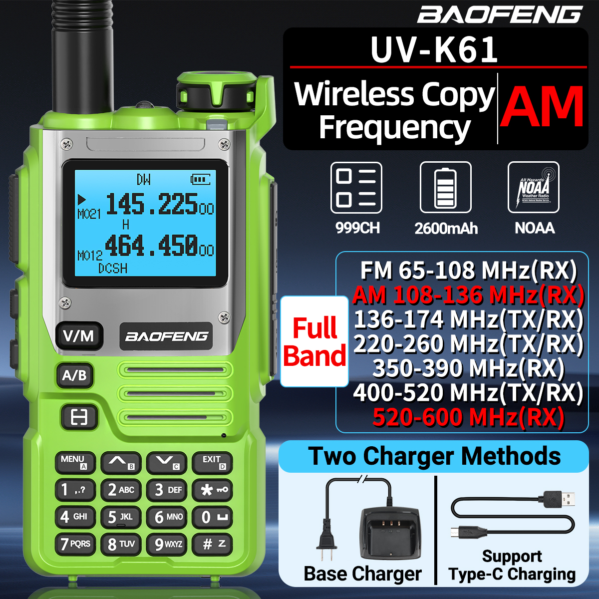 Baofeng UV-K61 Walkie Talkie multibanda frecuencia de copia inalámbrica 999CH tipo C UHF VHF DTMF NOAA FM UV-5R Radioaficionado UV-K6 mejorada