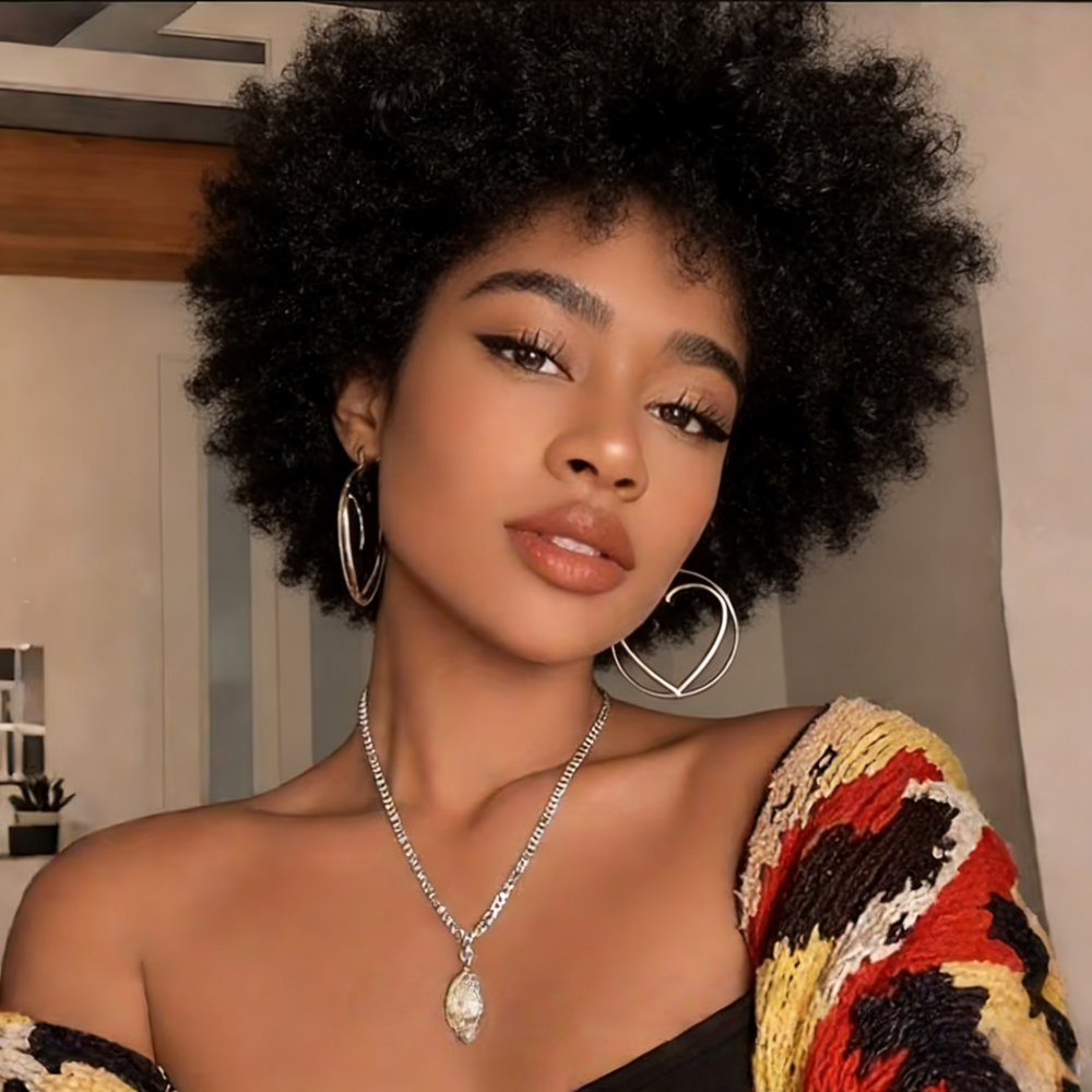 วิกผมมนุษย์ Afro Kinky Curly Pixie แบบเต็มศีรษะ ผลิตด้วยเครื่องจักร ไม่พันกัน หลุดร่วงน้อย  หนังศีรษะธรรมชาติ ผมสั้นหยิก