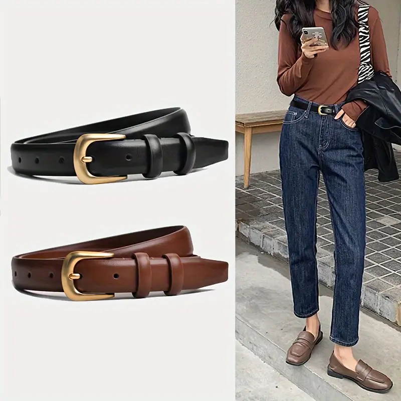 Ceinture élégante en cuir PU monochrome – Boucle ardillon dorée, ceinture simple, décontractée, polyvalente et réglable pour pantalons