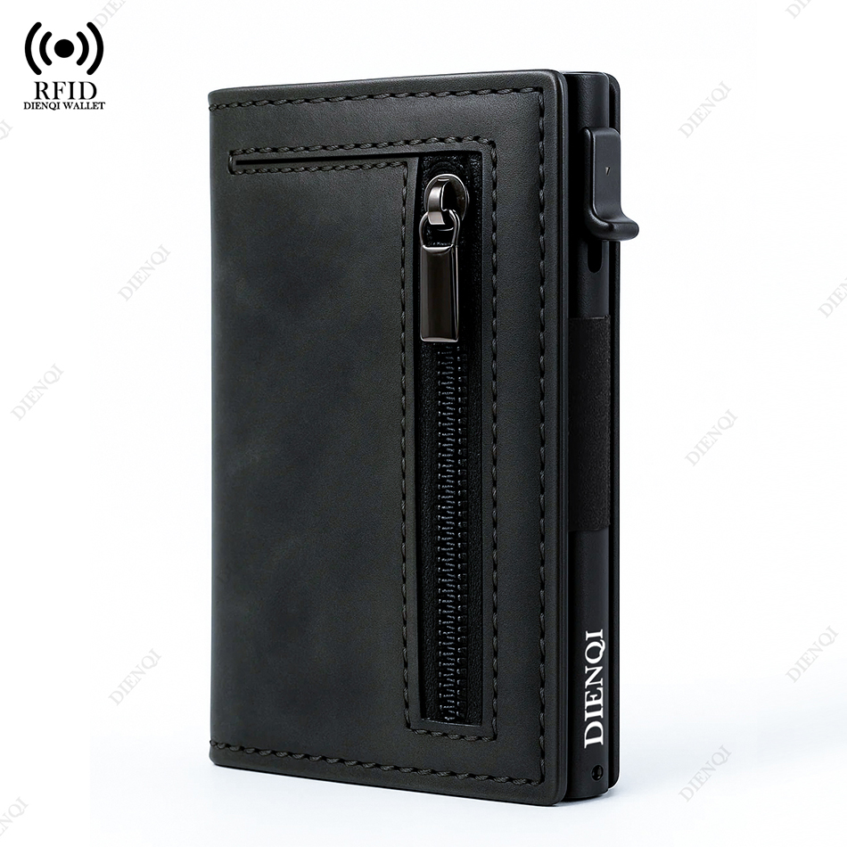 Tarjetero antirrobo para hombre, billeteras con bloqueo Rfid de cuero de aluminio, billetera minimalista emergente, tarjetero para hombre
