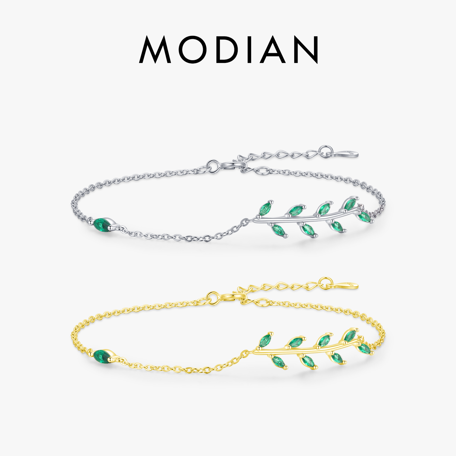 MODIAN 925 Sterling Silver Green Leaf Zirconia Adjustable Link Chain Bracelet For Women Fashion Wedding Jewelry Accessories
