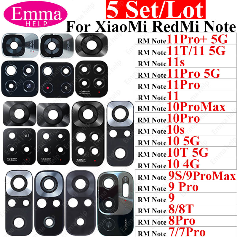 5pcs Back Rear Camera Lens for Xiaomi Redmi Note 10 Pro Max 11T 10T 10S 11 9Pro 7 8 T Camera Glass Lens with Sticker
