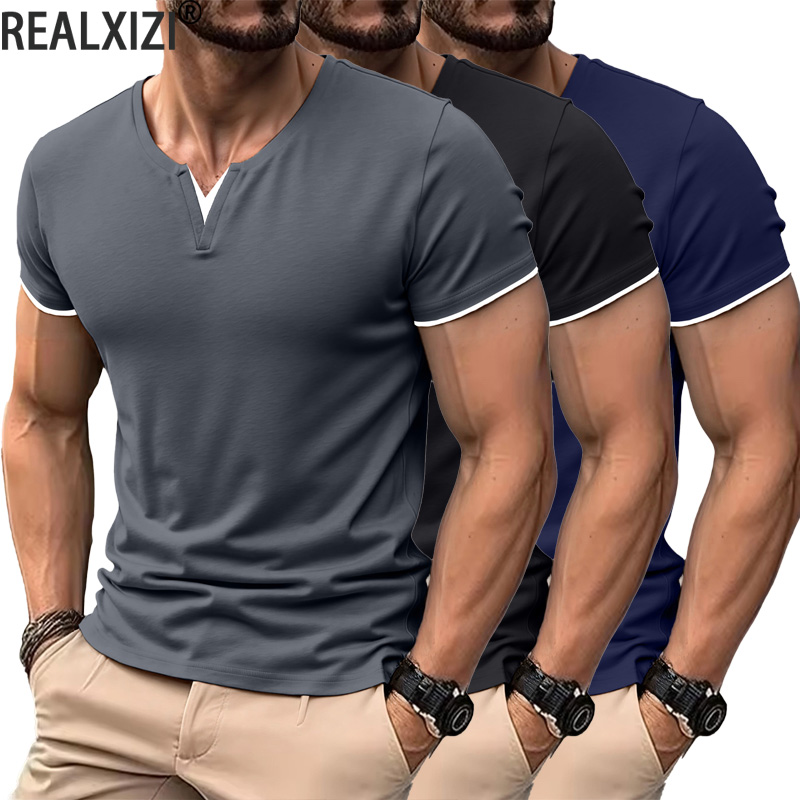 Camisa Henley Masculina de Manga Curta Casual de Verão com Decote em V, T-Shirt Casual Slim Fit, Básica, Cor Sólida, Solta, Fitness, Esportiva, Respirável