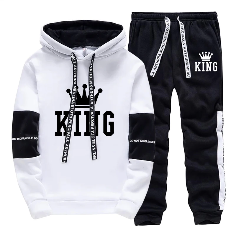 Męski dres King Printing, jednoczęściowy, bluza, spodnie dresowe, codzienna bluza z kapturem, spodnie, odzież męska na zewnątrz, gorąca wyprzedaż, streetwear