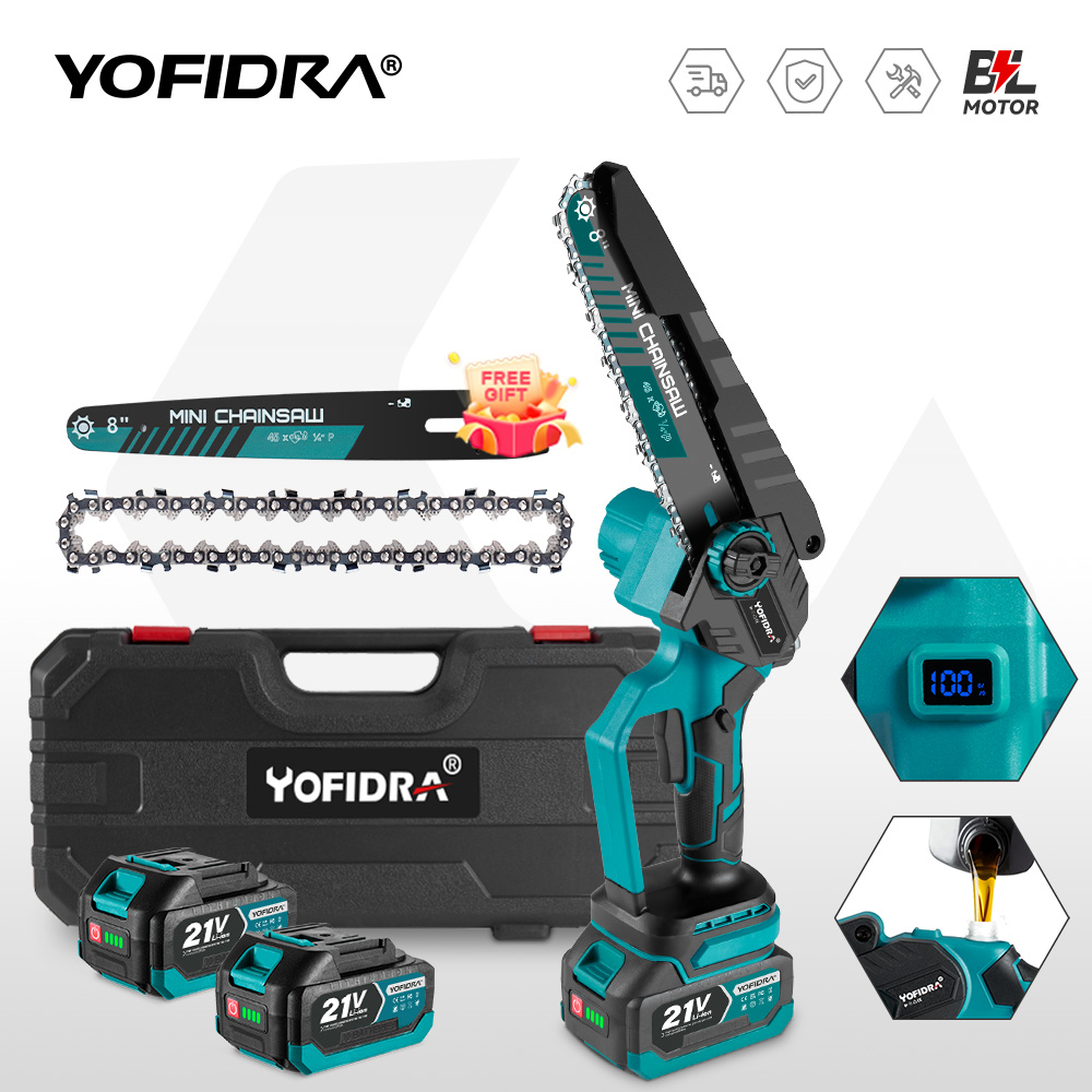 Аккумуляторная цепная пила YOFIDRA 8 дюймов, бесщеточная, для обрезки деревьев и работ по дереву, садовый инструмент, совместимый с аккумулятором Makita 21V.