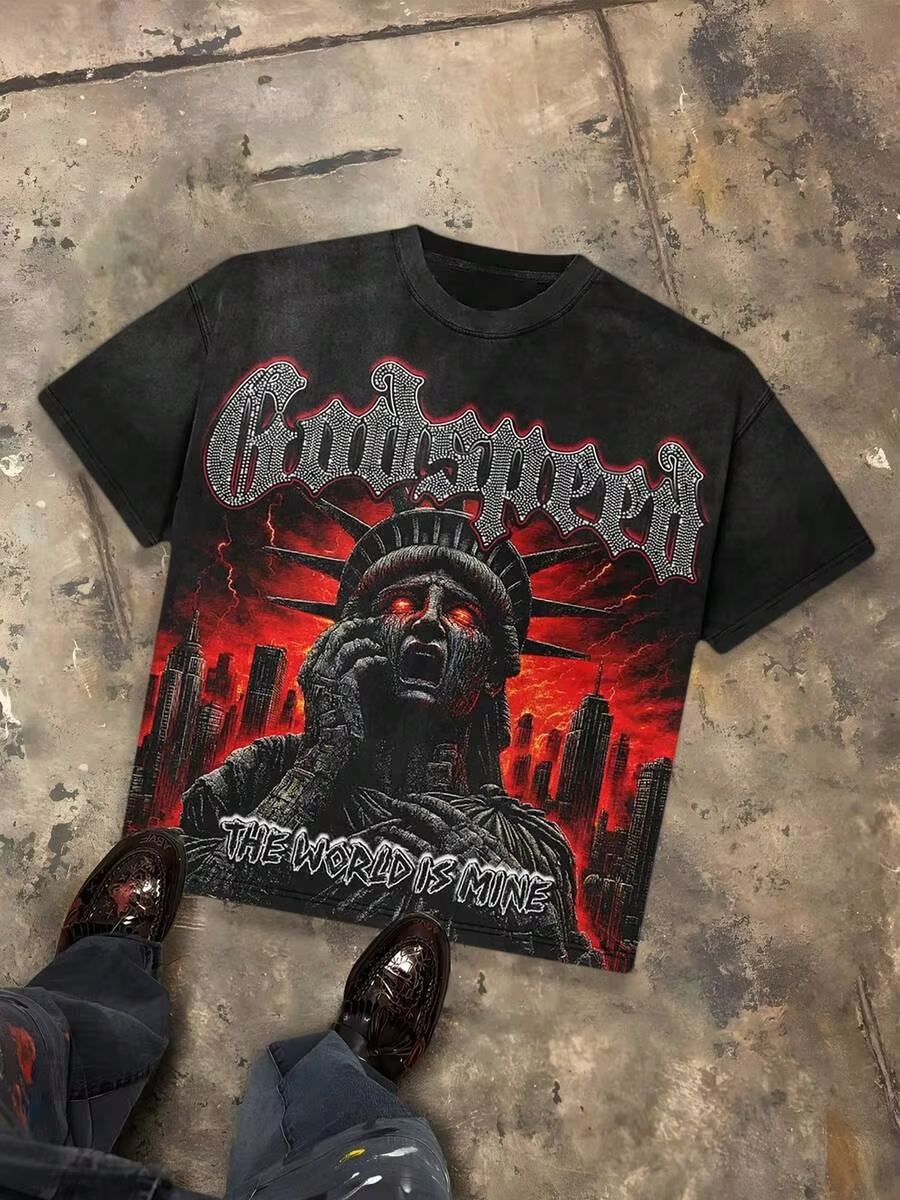 Godspeed The World Is Mine Apocalyptic Liberty Distressed Graphic Tee Maglietta grafica oversize da uomo a maniche corte