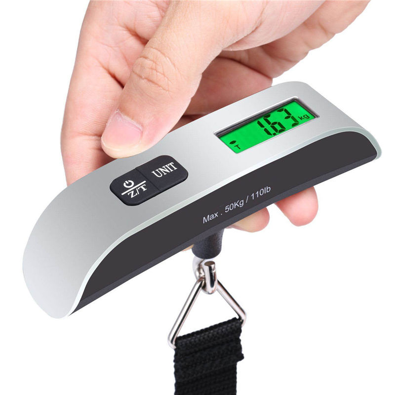Timbangan Portabel Layar LCD Digital 110lb/50kg Elektronik untuk Koper Gantung, Alat Timbang Bagasi Perjalanan