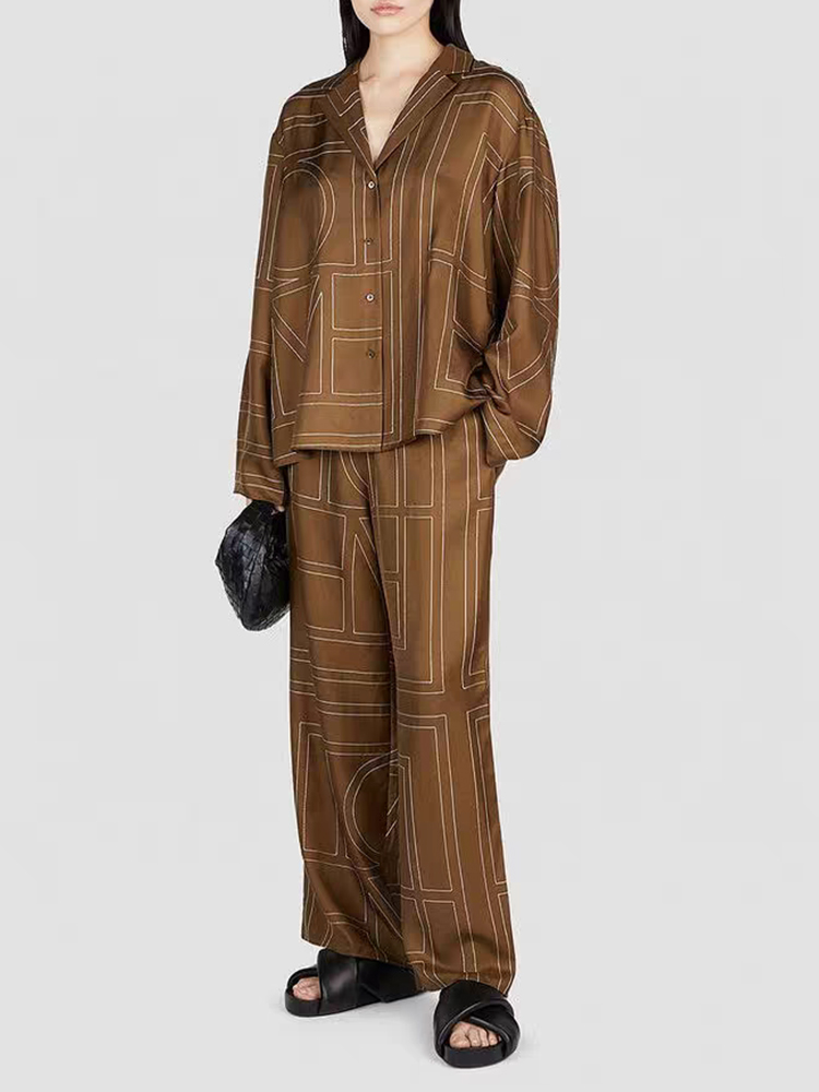 2026 Frühling Damenmode Retro Geometrischer Druck Pyjama-Set Zweiteiler + Elastische Taille Weite Hose Modischer Anzug