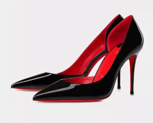 Nuevo punta roja costura expuesta, boca baja vacía lateral, zapatos de tacón alto con tacón puntiagudo de charol negro profesional sexy 33-46
