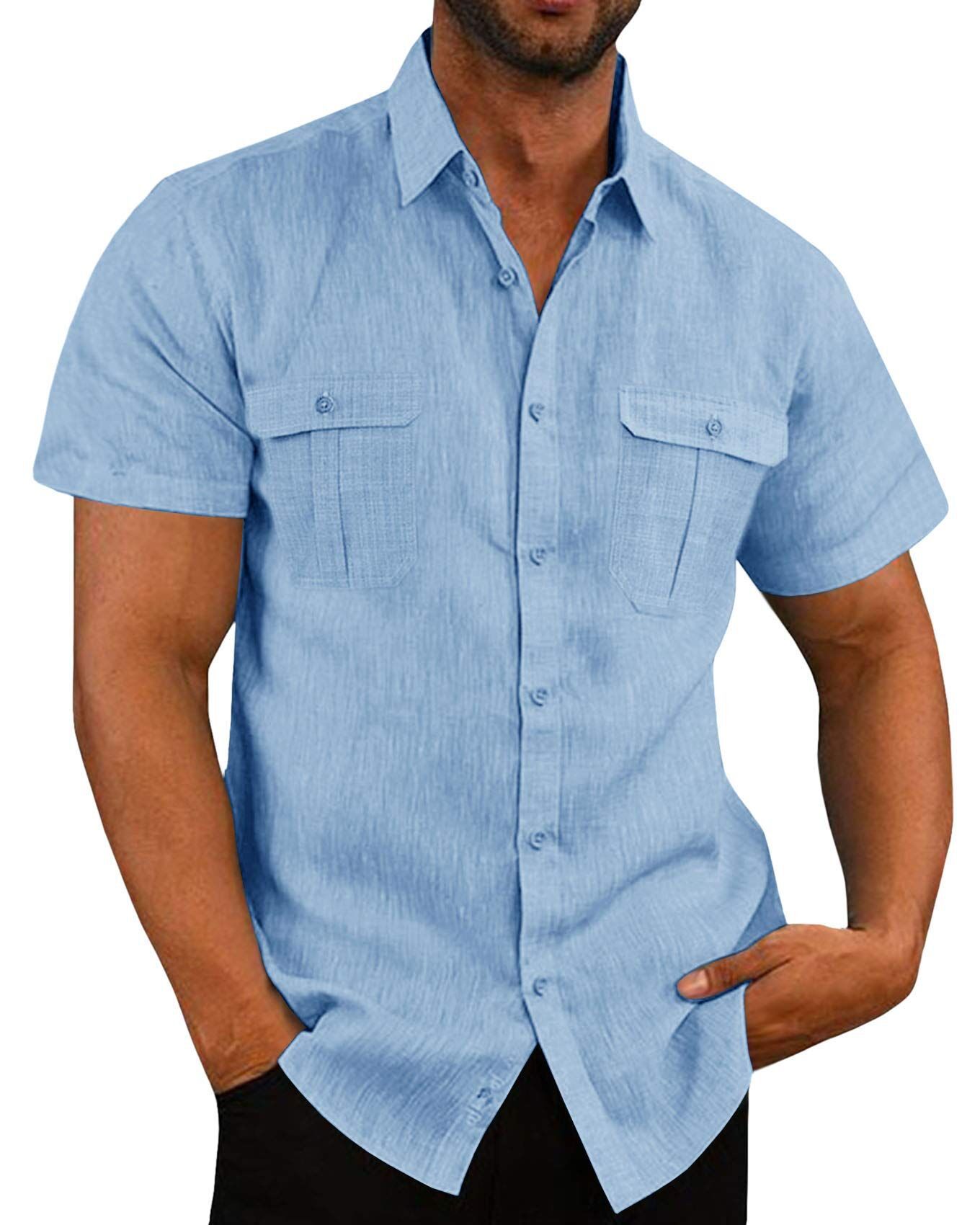 Gran oferta de camisas de manga corta de lino y algodón para hombre, camisas informales de estilo playero con cuello levantado de Color sólido para verano, camisas de talla grande para hombre M-5XL
