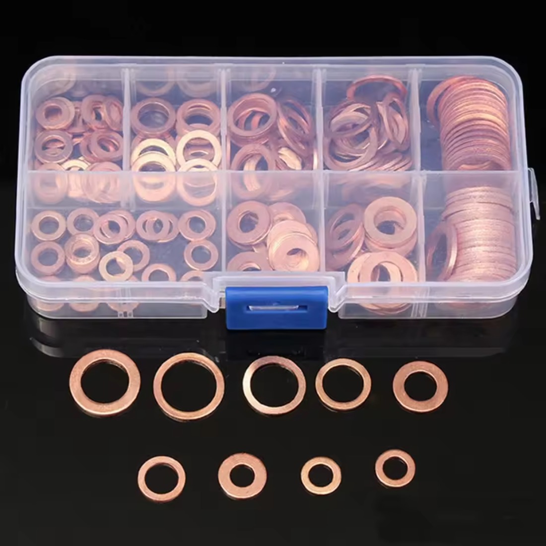 100個入り銅製ワッシャーガスケットナット＆ボルトセット、フラットリングシール詰め合わせキット（箱入り）、M4/M5/M6/M8/M10/M12/M14、サンププラグ用