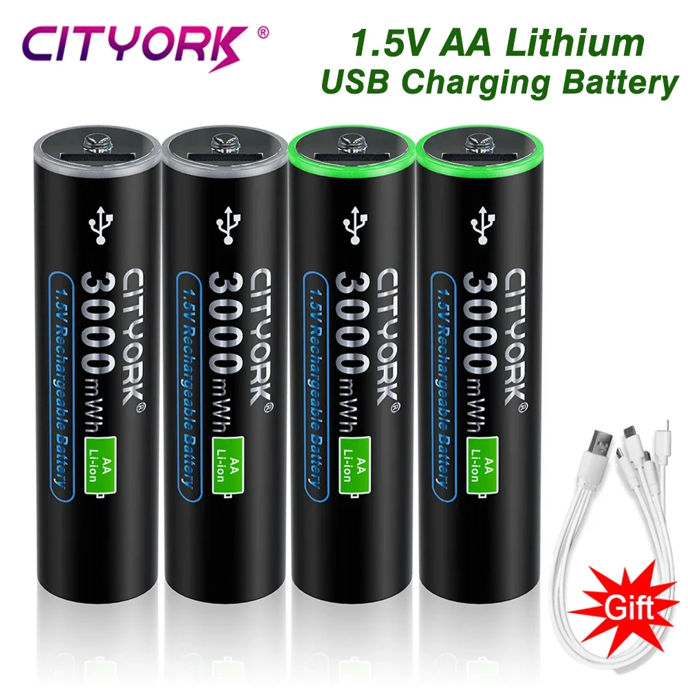 CITYORK-batería recargable de iones de litio AA de 1,5 V, carga rápida por Micro USB, batería AA + Cable USB para teclado, Control remoto, juguete