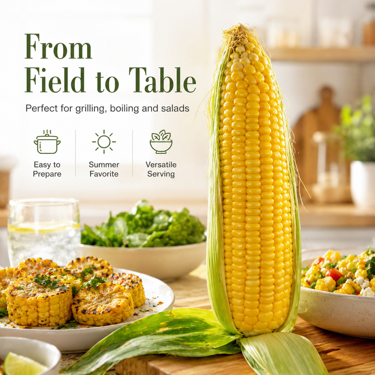 Diverse Flavor Corn Family Pack, preisgekrönter N47, angebaut in fruchtbarer schwarzer Erde. Sorgfältig ausgewählter gentechnikfreier Mais ohne Zusatzstoffe, weiche, knackige, saftige Körner voller reiner natürlicher Süße und Aroma.