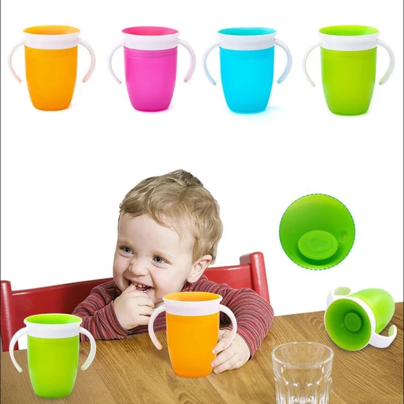 Детская обучающая чашка для питья с двойной ручкой, откидная крышка, вращающаяся на 360 градусов, герметичная чашка, чашки для воды для младенцев, бутылочка