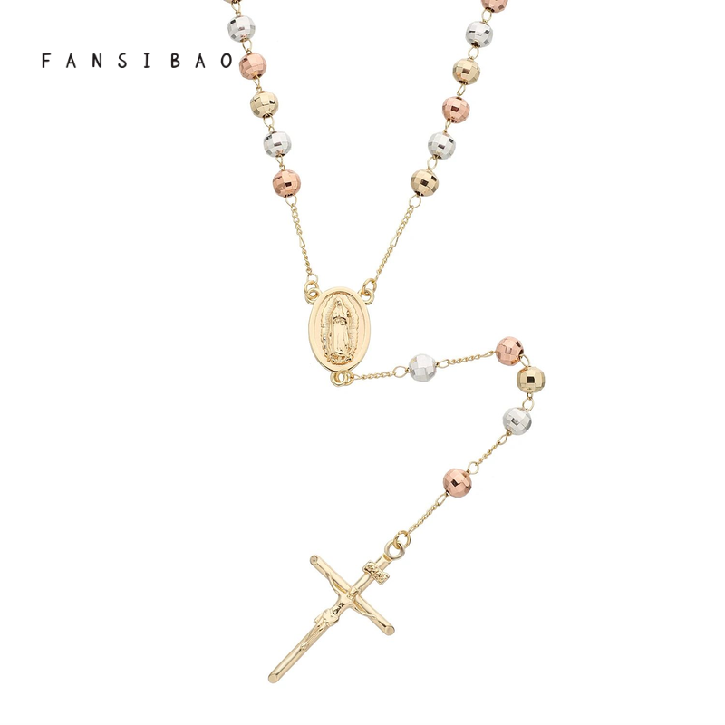FanSibao Maria style jewelry necklace tri color bead cross pendant perfect combination fashion faith