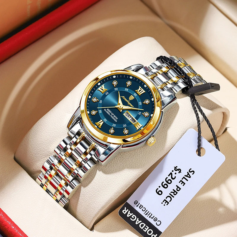 Relojes dorados para mujer, pulsera de acero inoxidable con diamantes de imitación de lujo, Relojes de pulsera de cuarzo para mujer, reloj luminoso resistente al agua con fecha