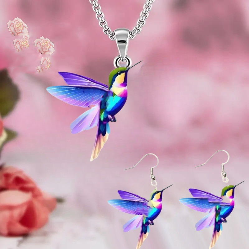 EVISPOL 1 set di orecchini con collana di colibrì colorata piatta 2D in acrilico elegante ed elegante, adatto per abbigliamento primaverile ed estivo