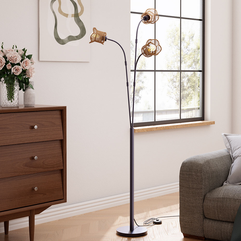Komore Papier Touw Omwikkelde Lampenkap 3-lichte Vloerlamp Voor Woonkamer Kantoor, Slaapkamer, Hal, Veranda