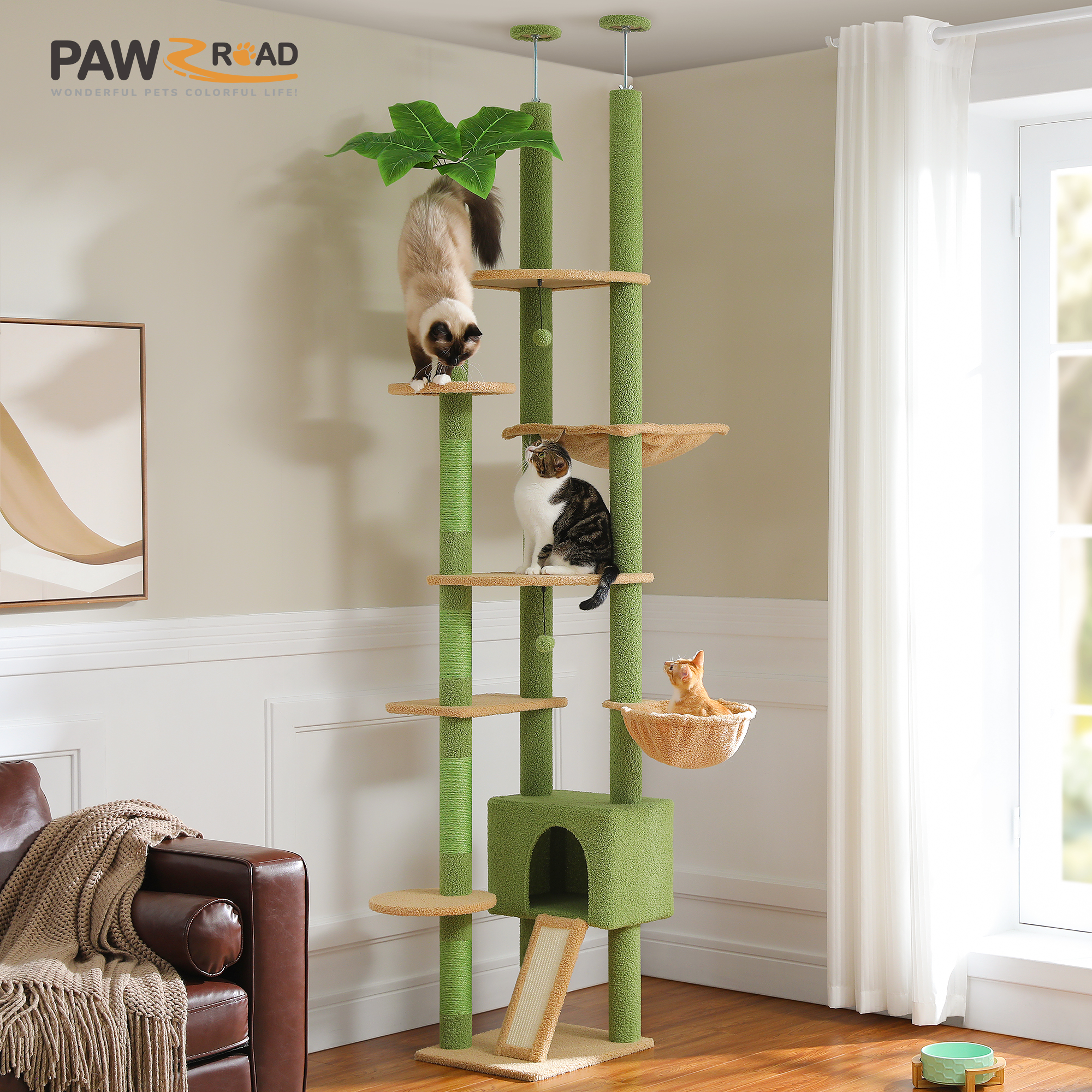 Arbre à chat Cactus du sol au plafond, tour à chat réglable en hauteur avec Hamac confortable pour condote de chat et arbre à gratter, grand arbre d'activité