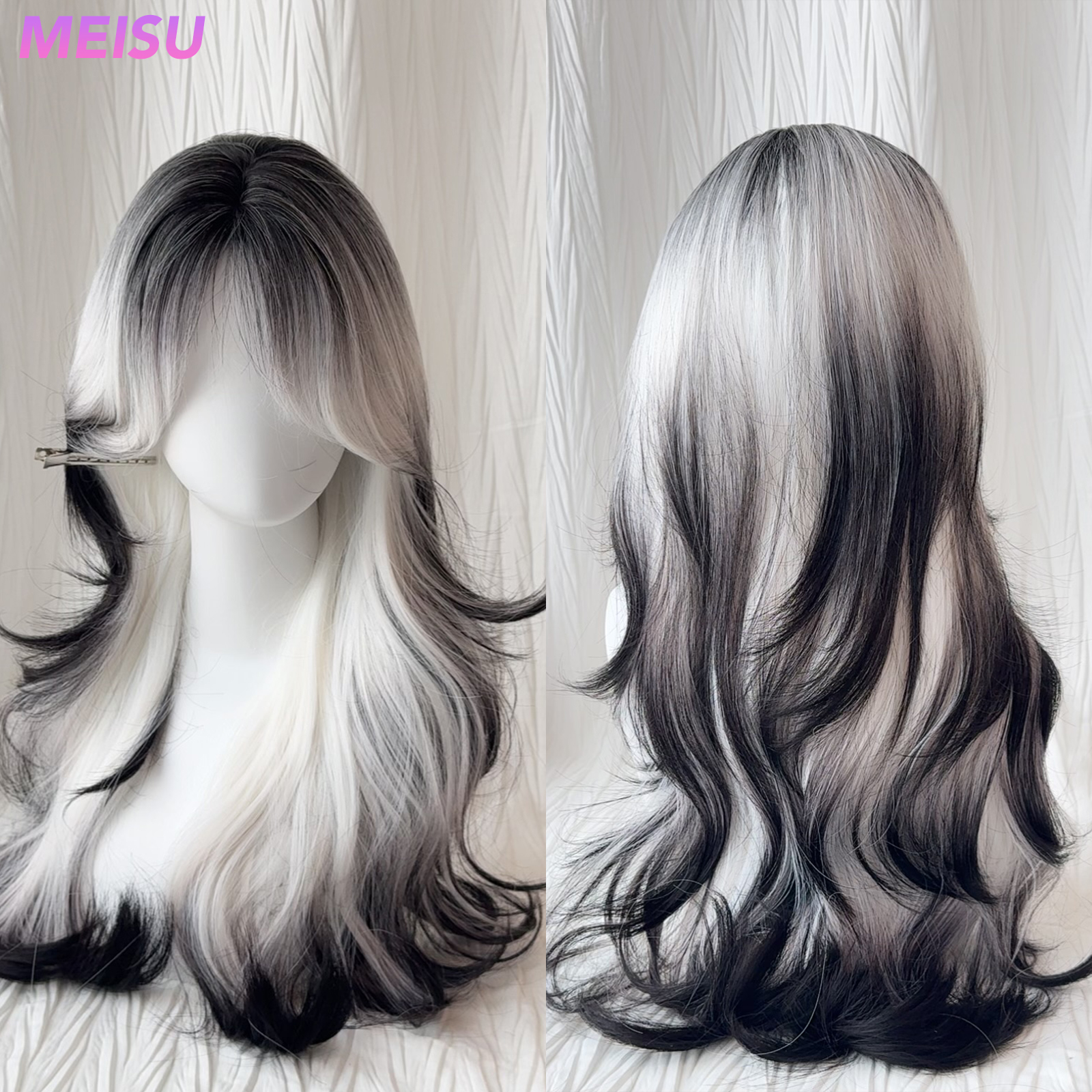 MEISU 26 Inch Synthetic Wig Curly Wave Wig Black White Color Heat-Resistant Natural Smooth Hair Stylish Party Wigs For Women