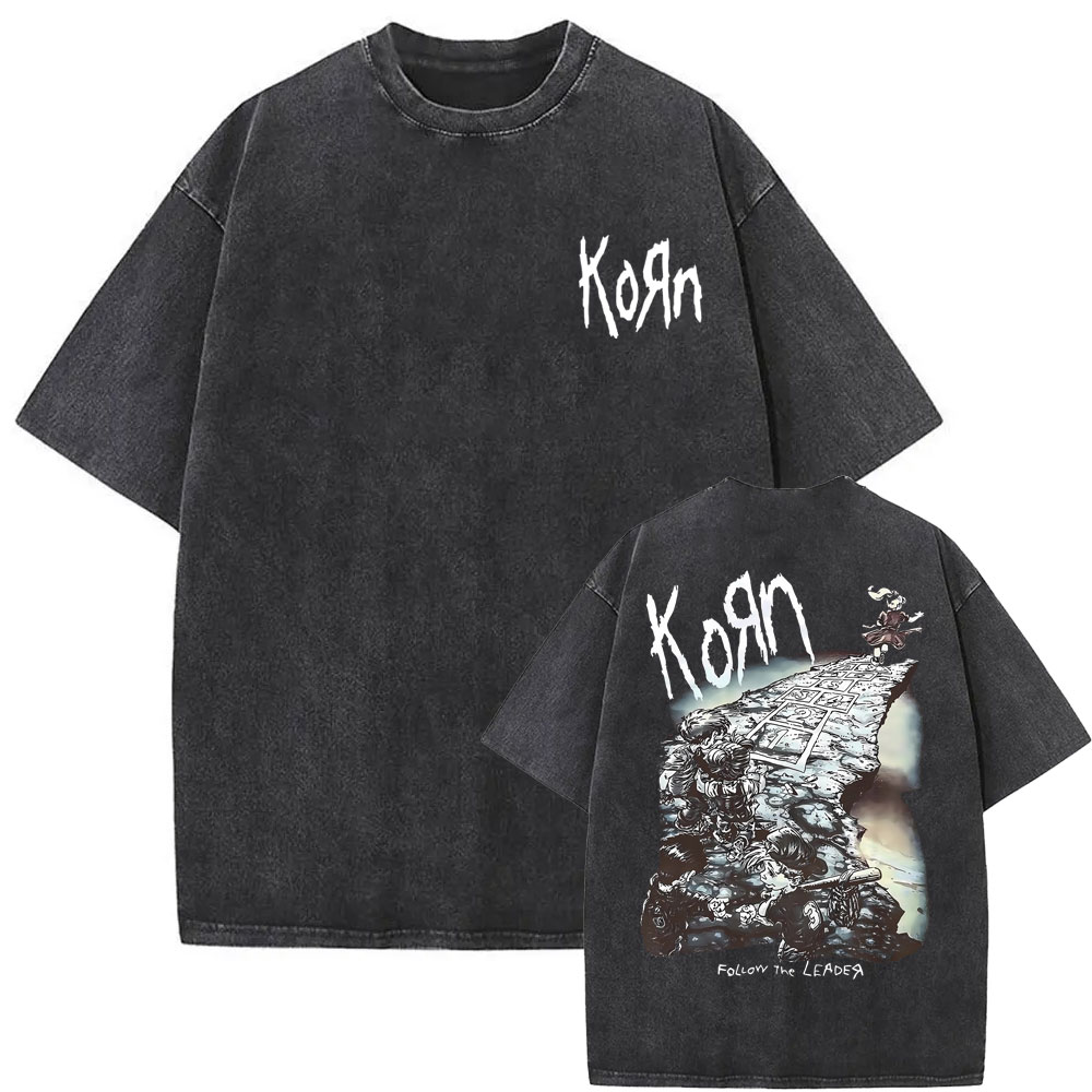 Rockband Korn Ftl 25 Volg De Leider Dubbelzijdige Print T-Shirt Mannen Gothic Casual Oversized Tees Unisex Gewassen Vintage Tshirt