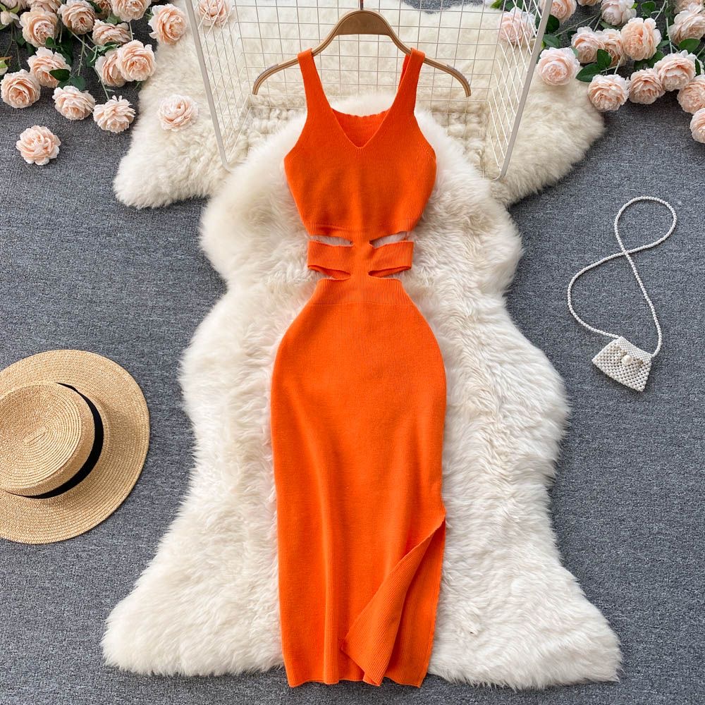 YuooMuoo femmes robe Sexy découpé taille paquet hanches fendu robe moulante été mode dame tricoté fête robes robe d'été