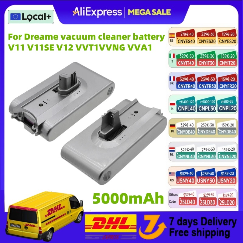 Batterie articulation ion pour aspirateur sans fil Dreame Determiner, accessoires de remplacement, 5000mAh, Aleane V11, V11SE, V12, VVRack, VVN6, VVA1