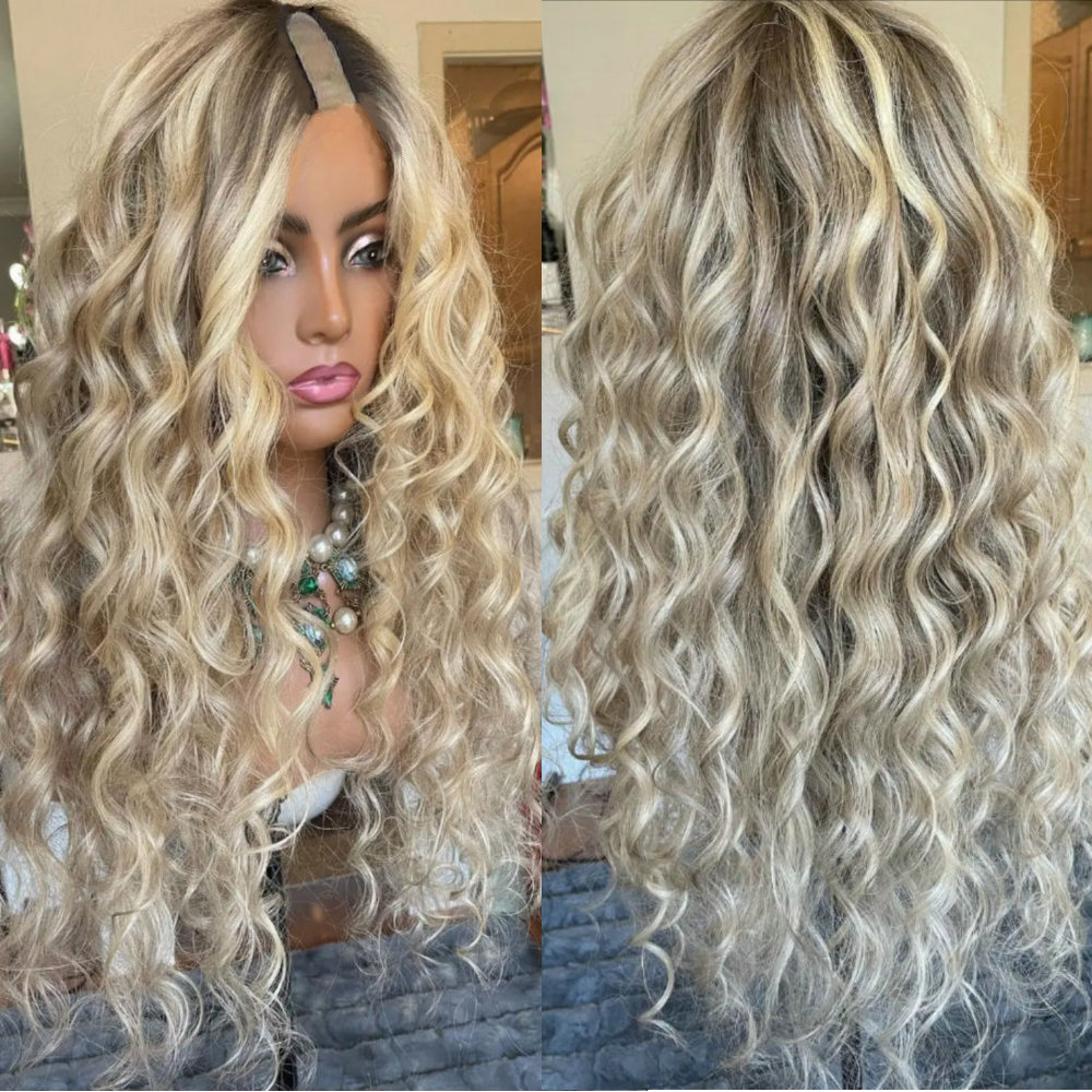 Glueless U Part Glueless Wig para mulheres, Destaque loiro sujo, Raízes de Balayage, Peruca encaracolada em V, 100% cabelo humano virgem