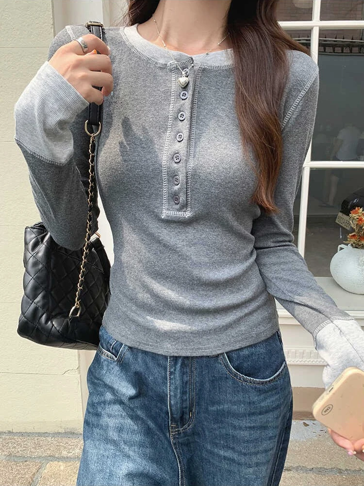 Camiseta Y2K con Parches 2025, Top Grunge de Color en Contraste, Camiseta Casual Ajustada al Cuerpo Estilo Harajuku para Mujer
