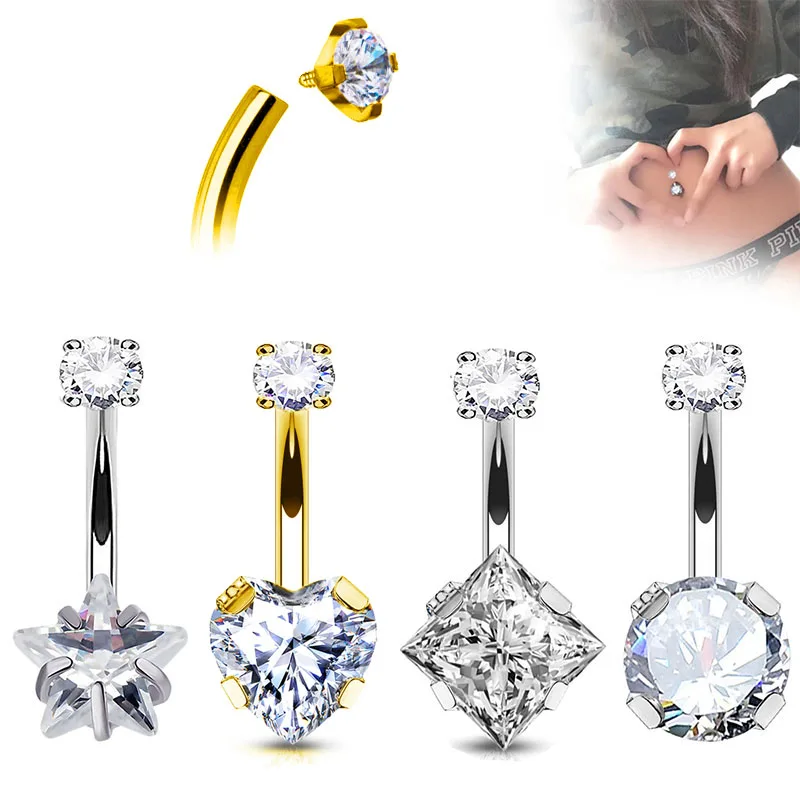 G23 Titanium PIERC Gwint wewnętrzny Piercing pępka Dangle Body Sexy Belly Button Rings Zircon Square Heart Prong Set Navel Rings