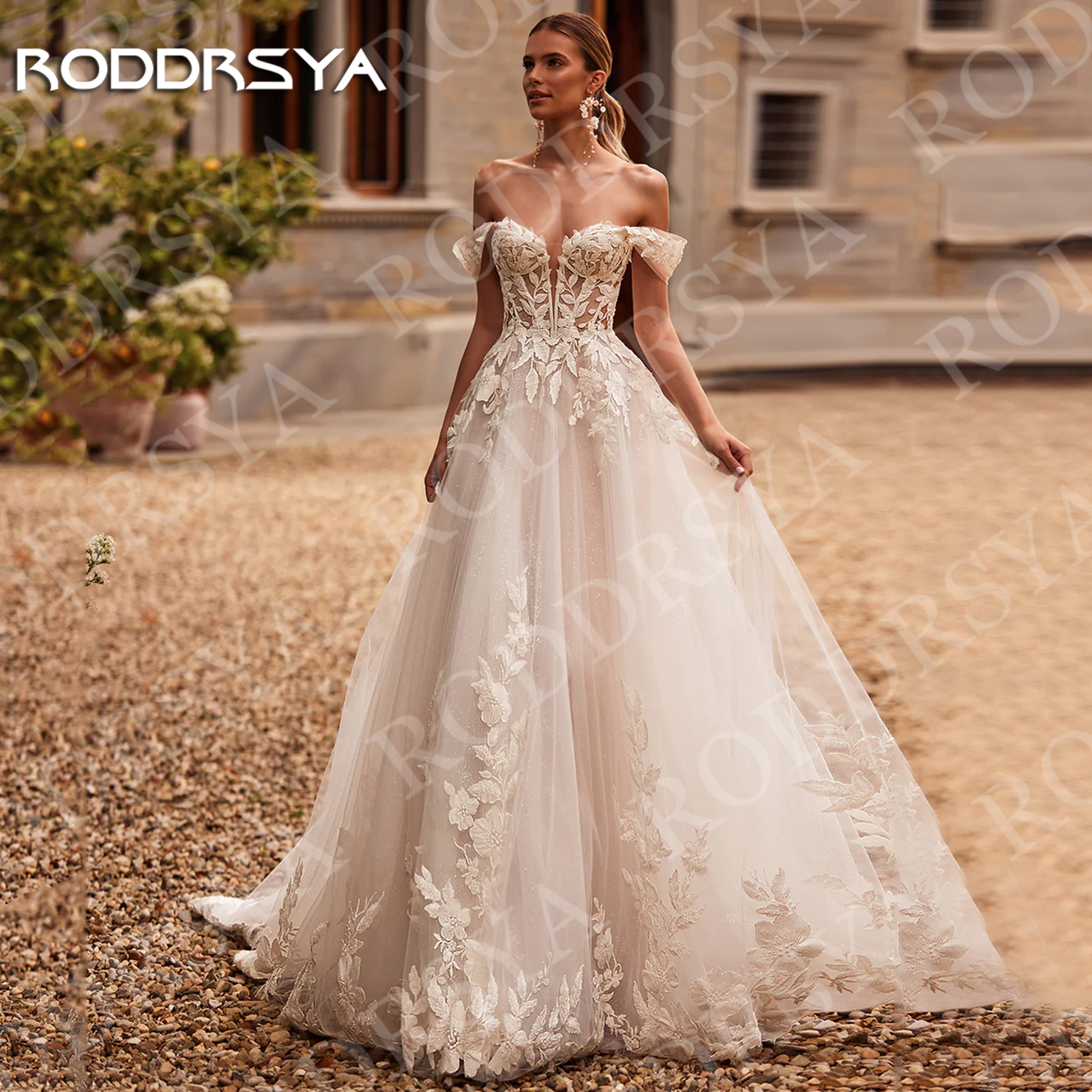 Roddrsya charmant von der Schulter Brautkleider Applikation Spitze  Schatz Tüll eine Linie Brautkleid angepasst Charming Off the Shoulder Brautkleider Applique Spitze Sweetheart Tüll A Line Brautkleid Customized